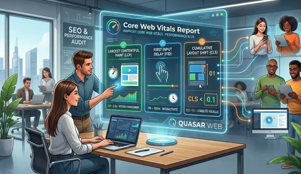 Rapport Core Web Vitals affichant les performances d’un site web avec des indicateurs clés comme le LCP, le CLS et le FID pour mesurer la vitesse de chargement, l’interactivité et la stabilité visuelle.