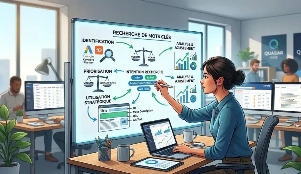 Illustration d'une consultante SEO élaborant une stratégie de mots-clés efficace sur un tableau de bord numérique en agence.