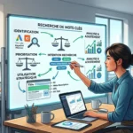 Illustration d'une consultante SEO élaborant une stratégie de mots-clés efficace sur un tableau de bord numérique en agence.
