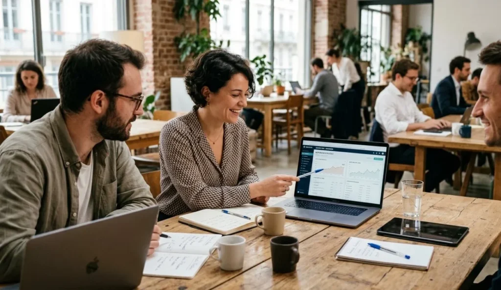 Équipe de consultants SEO analysant des graphiques de performance pour une stratégie de netlinking sur un ordinateur portable dans un bureau moderne.