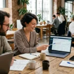 Équipe de consultants SEO analysant des graphiques de performance pour une stratégie de netlinking sur un ordinateur portable dans un bureau moderne.