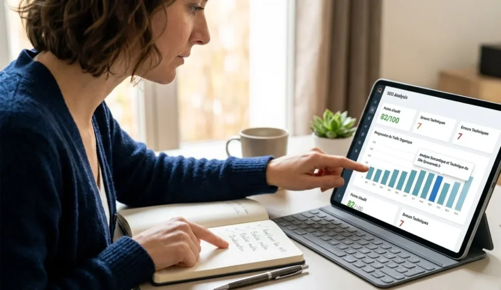 Consultante web analysant un rapport d'audit SEO technique et sémantique sur une tablette