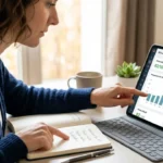 Consultante web analysant un rapport d'audit SEO technique et sémantique sur une tablette