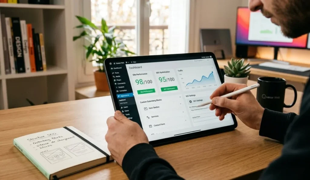 Développeur configurant un site WordPress optimisé pour le SEO et la vitesse sur une tablette.