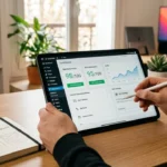 Développeur configurant un site WordPress optimisé pour le SEO et la vitesse sur une tablette.