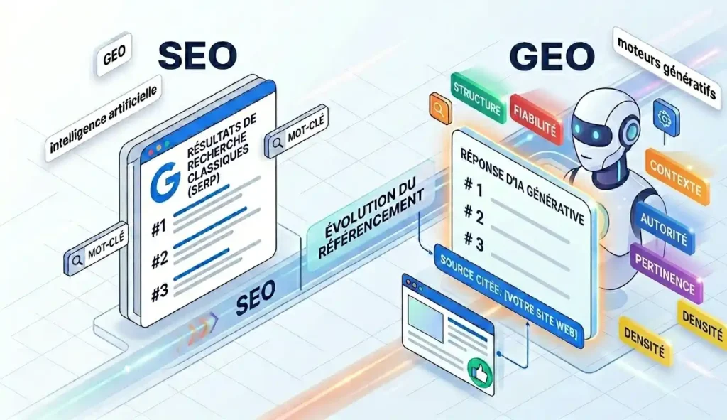 Infographie comparative entre le SEO traditionnel et le GEO (Generative Engine Optimization) montrant une IA citant un site web comme source.