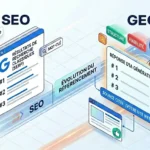Infographie comparative entre le SEO traditionnel et le GEO (Generative Engine Optimization) montrant une IA citant un site web comme source.