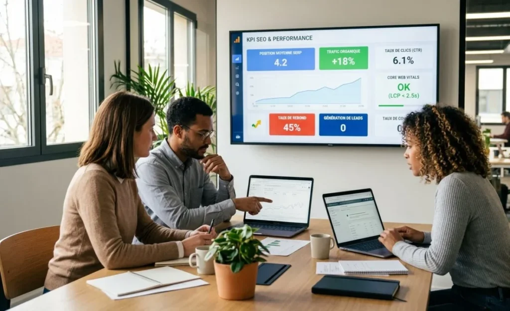 Équipe de professionnels en réunion analysant un tableau de bord de KPI SEO sur un grand écran dans un bureau lumineux.