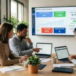 Équipe de professionnels en réunion analysant un tableau de bord de KPI SEO sur un grand écran dans un bureau lumineux.