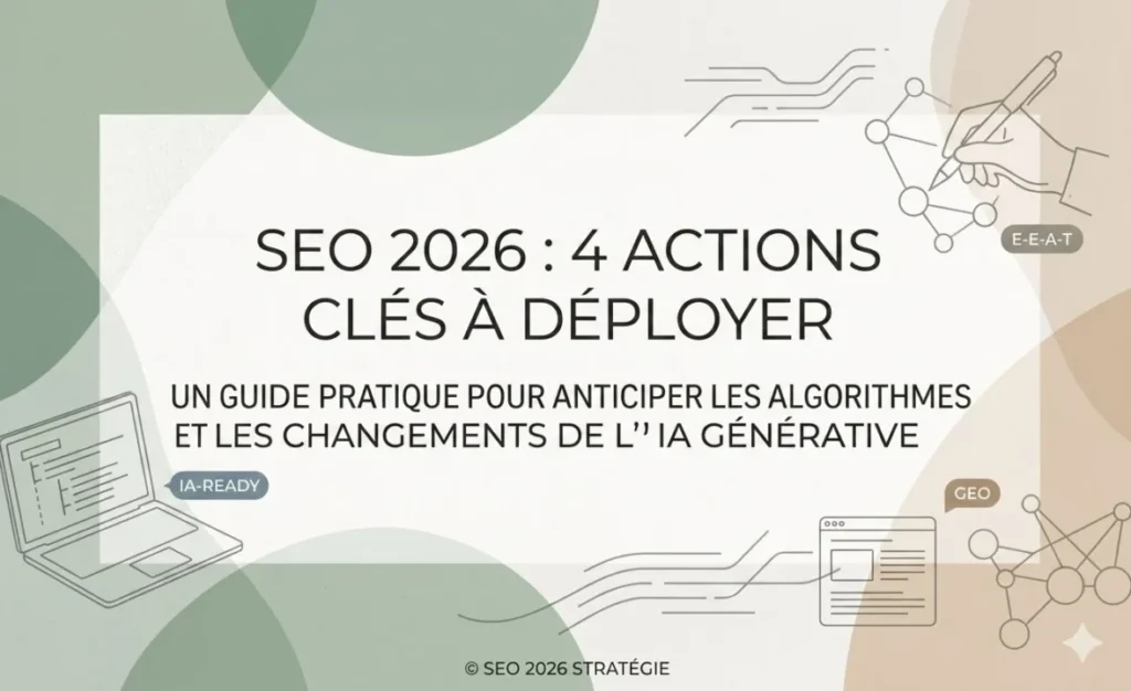 Graphique illustrant les 4 actions clés du SEO en 2026 face à l'IA générative, avec des icônes pour l'audit technique IA-ready, l'E-E-A-T et le GEO.