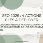 Graphique illustrant les 4 actions clés du SEO en 2026 face à l'IA générative, avec des icônes pour l'audit technique IA-ready, l'E-E-A-T et le GEO.