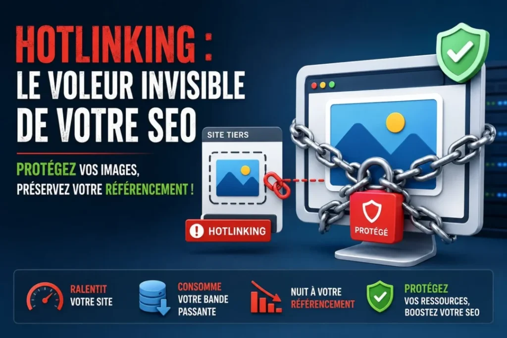 Illustration du hotlinking montrant la protection des images d'un site web contre le vol de bande passante et les impacts SEO.