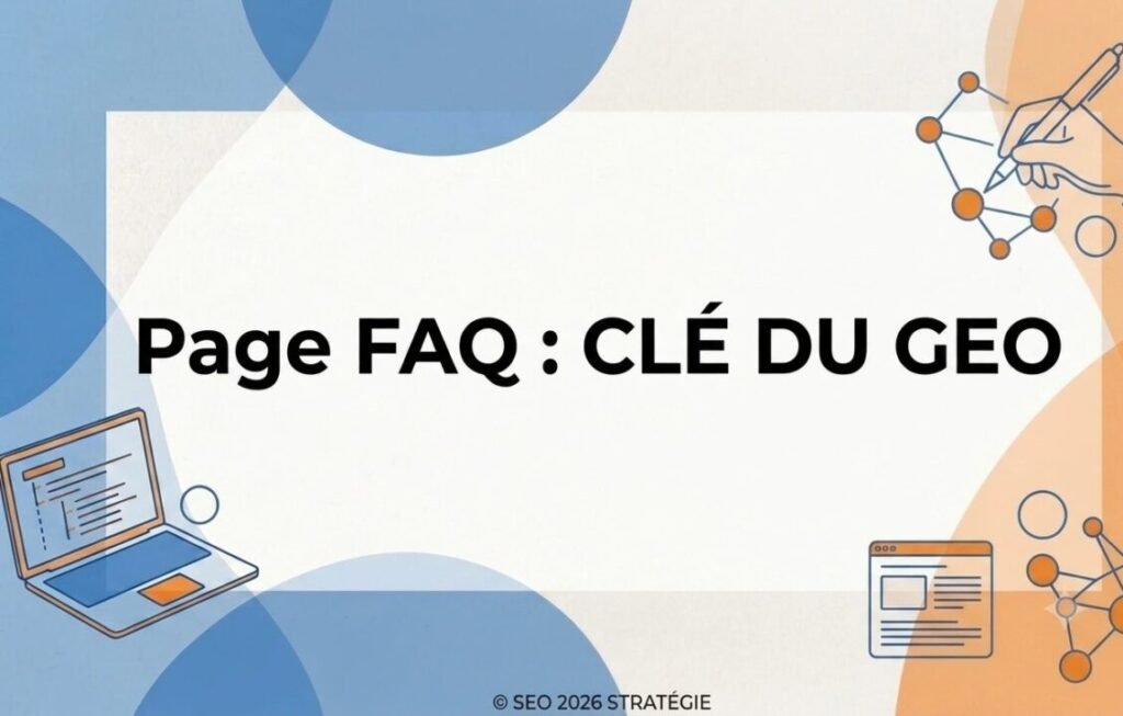 Graphique illustrant une page FAQ comme clé du GEO (Generative Engine Optimization) avec des icônes d'analyse de données, de rédaction et un ordinateur portable, dans des tons bleus et orange neutres.