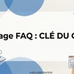 Graphique illustrant une page FAQ comme clé du GEO (Generative Engine Optimization) avec des icônes d'analyse de données, de rédaction et un ordinateur portable, dans des tons bleus et orange neutres.