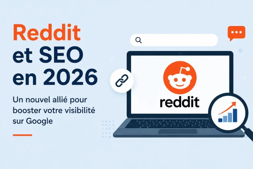 Illustration montrant Reddit comme levier SEO en 2026 pour améliorer la visibilité d'un site web dans les résultats de recherche Google.