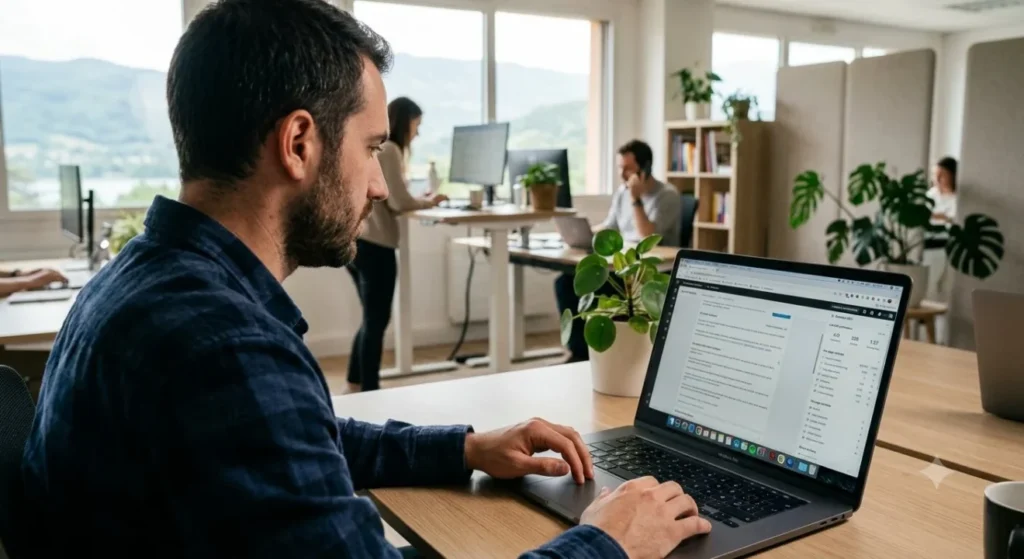 Professionnel du marketing digital analysant un site web à l'aide d'extensions Chrome pour améliorer ses performances SEO dans un bureau lumineux.