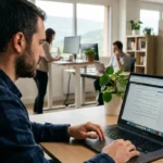 Professionnel du marketing digital analysant un site web à l'aide d'extensions Chrome pour améliorer ses performances SEO dans un bureau lumineux.
